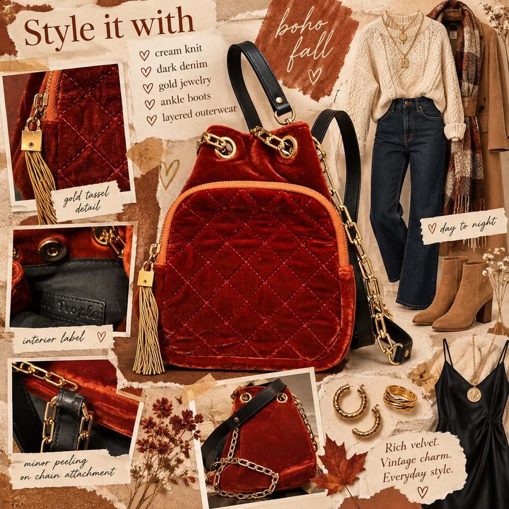 Free People Rust Velvet Quilted Mini Backpack Gold Chain Boho (Retired)